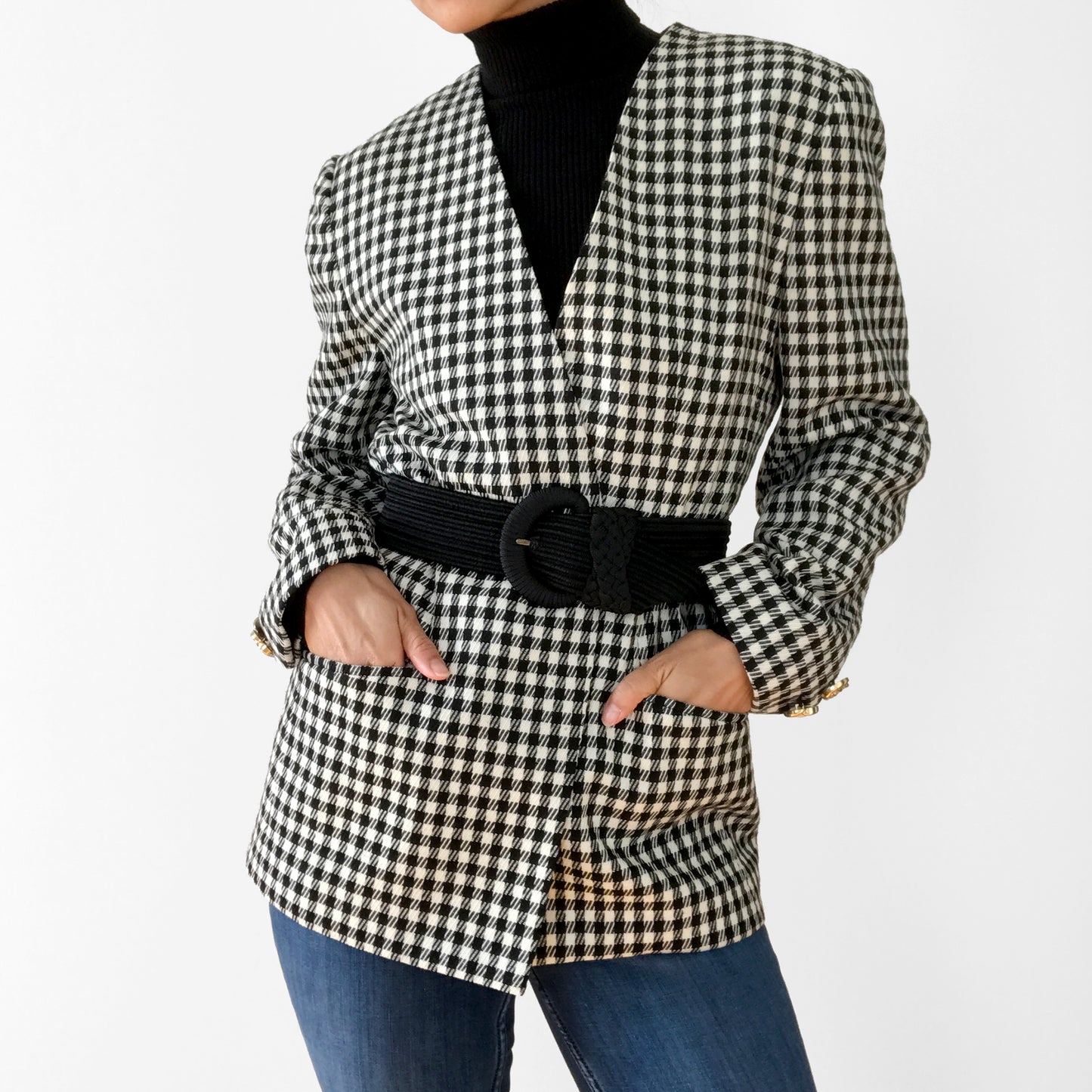 1990s Black and White Gingham Gold Button Collarless Wool Jacket Blazer