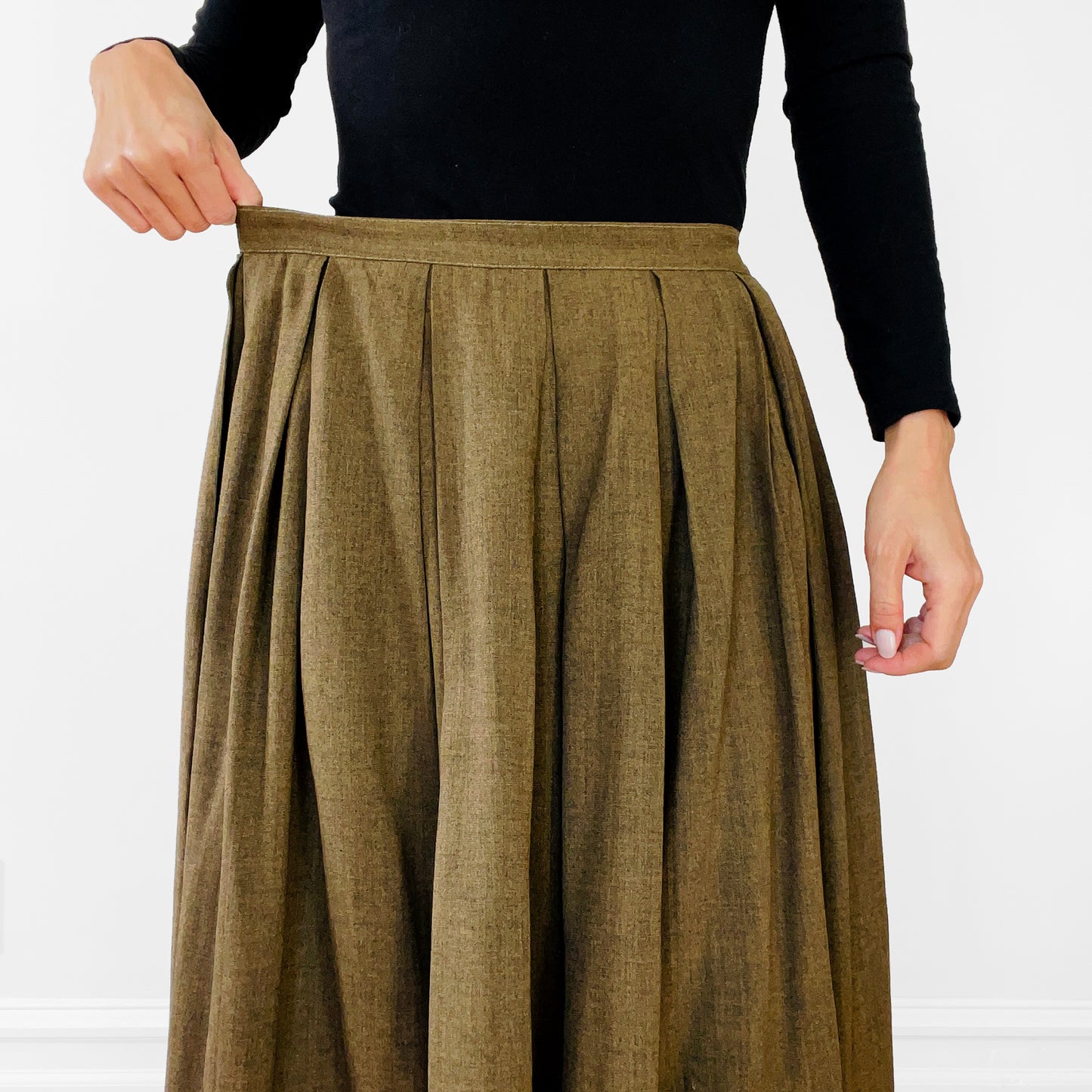 1990s Olive Green Inverted-Pleat Fit and Flare Skirt