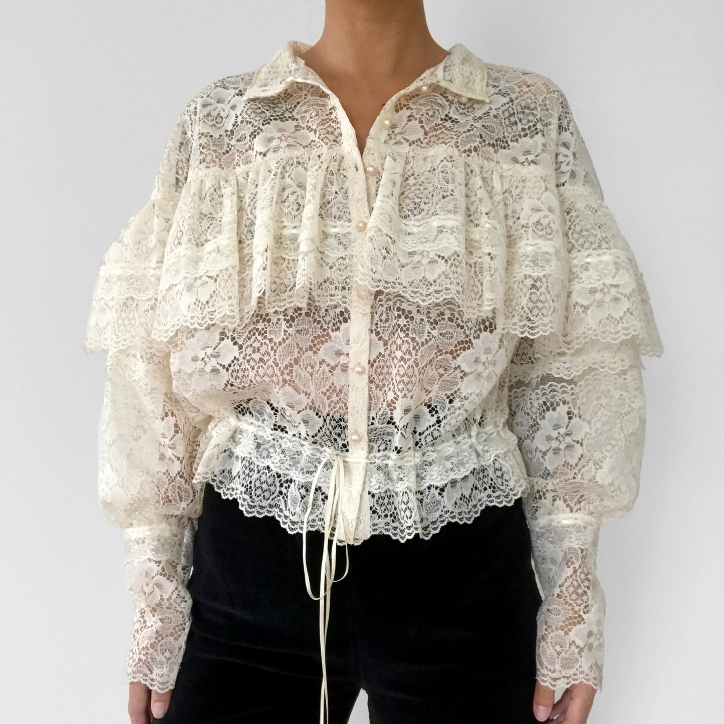 1980s Cream Lace Ruffle Cinched Waist Button Front High-Neck Blouse