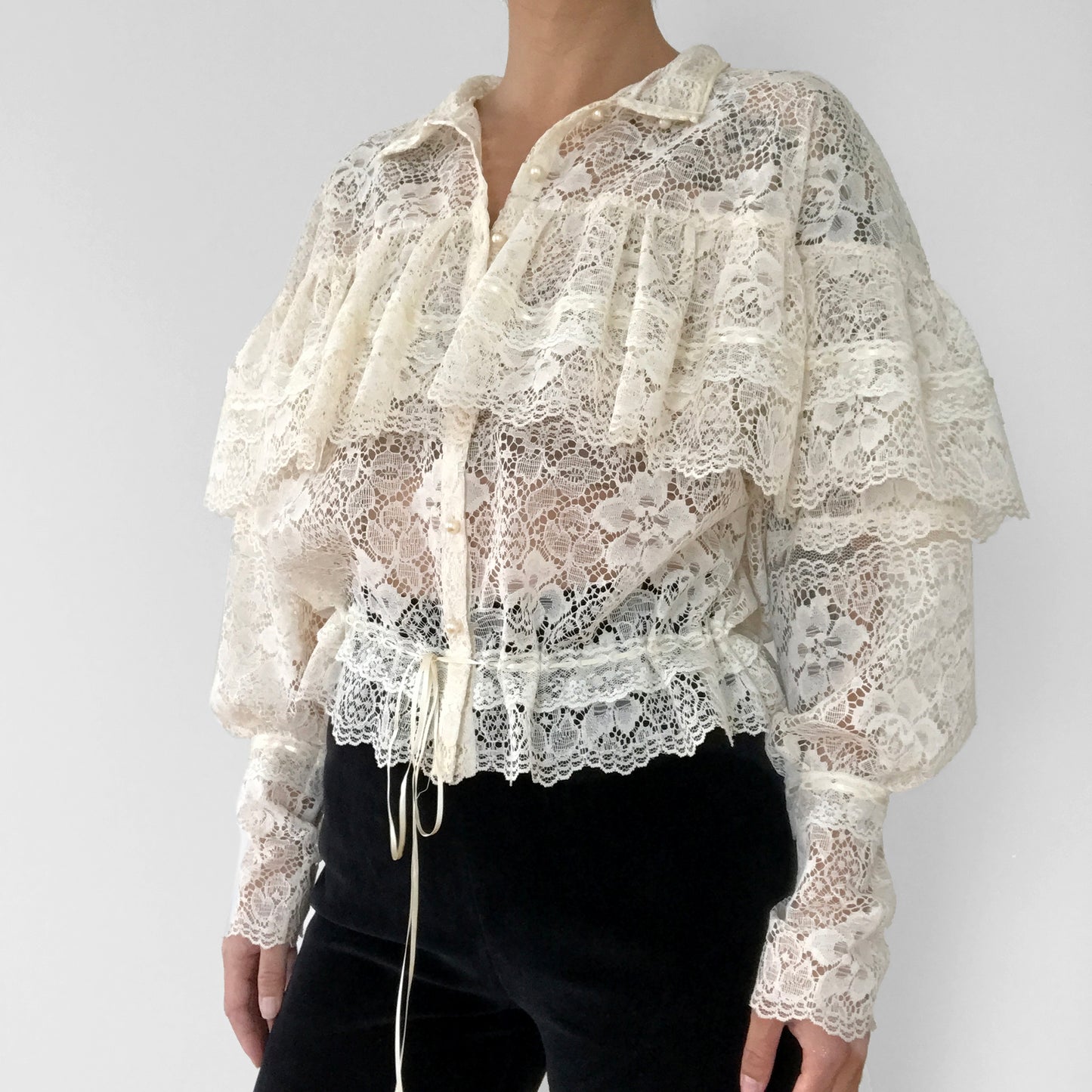 1980s Cream Lace Ruffle Cinched Waist Button Front High-Neck Blouse