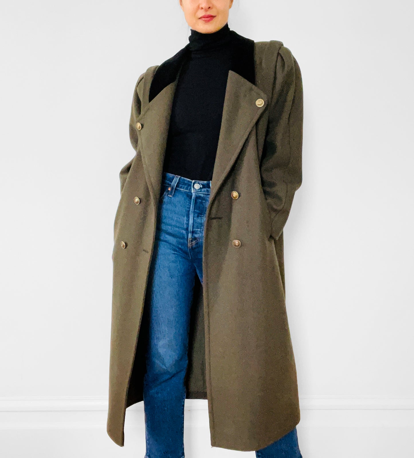 1980s Olive Green Wool-Blended Double-Breasted Military Style Overcoat