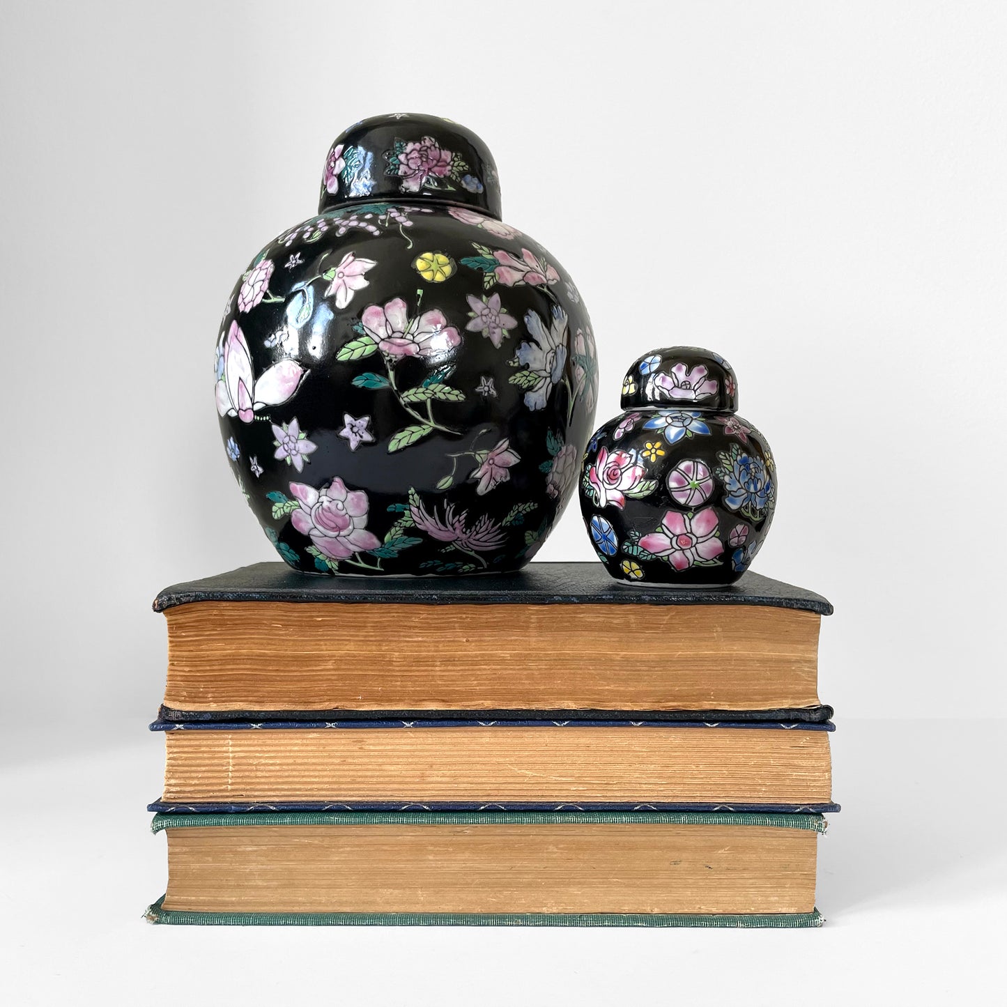 Hand-Painted Black Floral Lidded Ceramic Cloisonne Lidded Jar Set