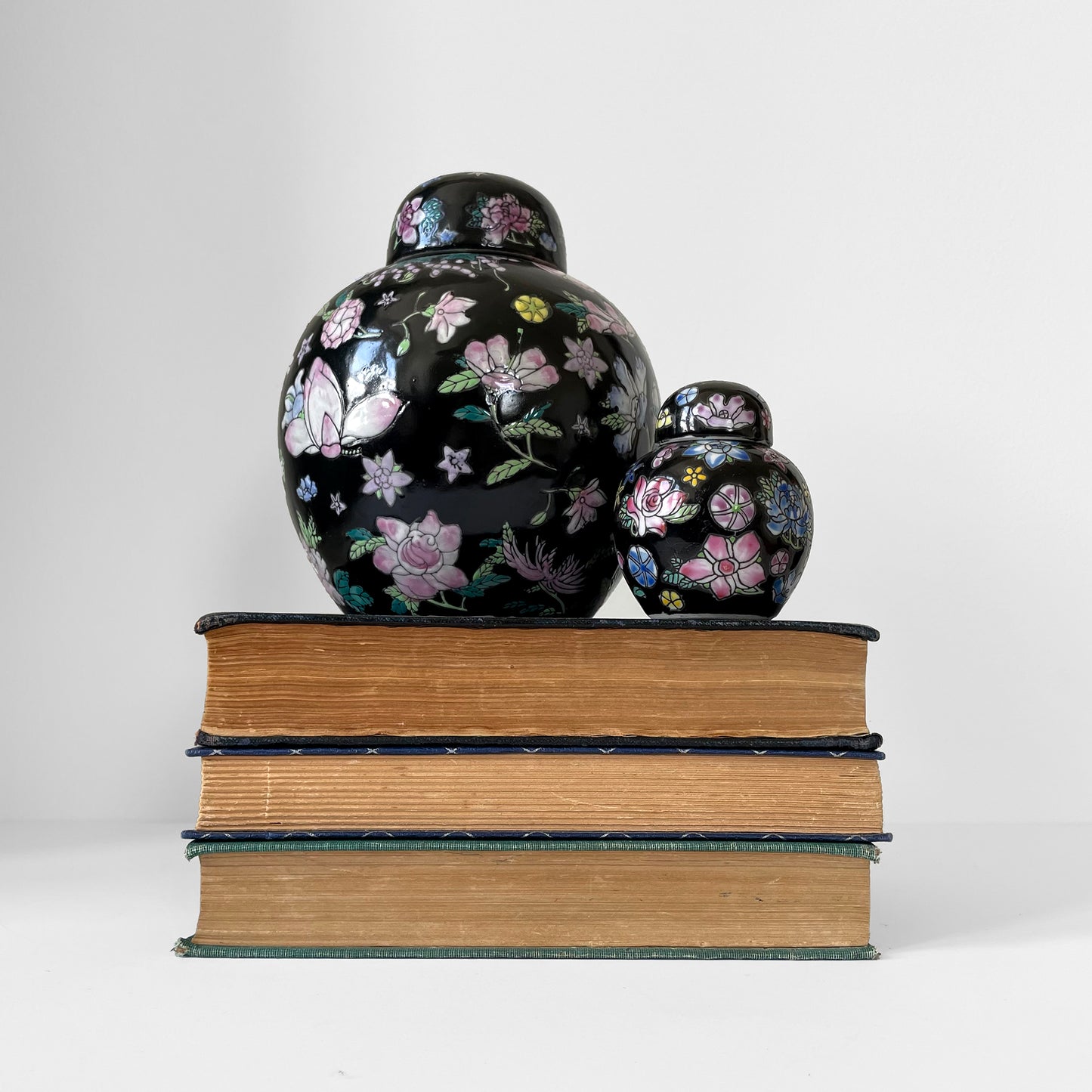 Hand-Painted Black Floral Lidded Ceramic Cloisonne Lidded Jar Set