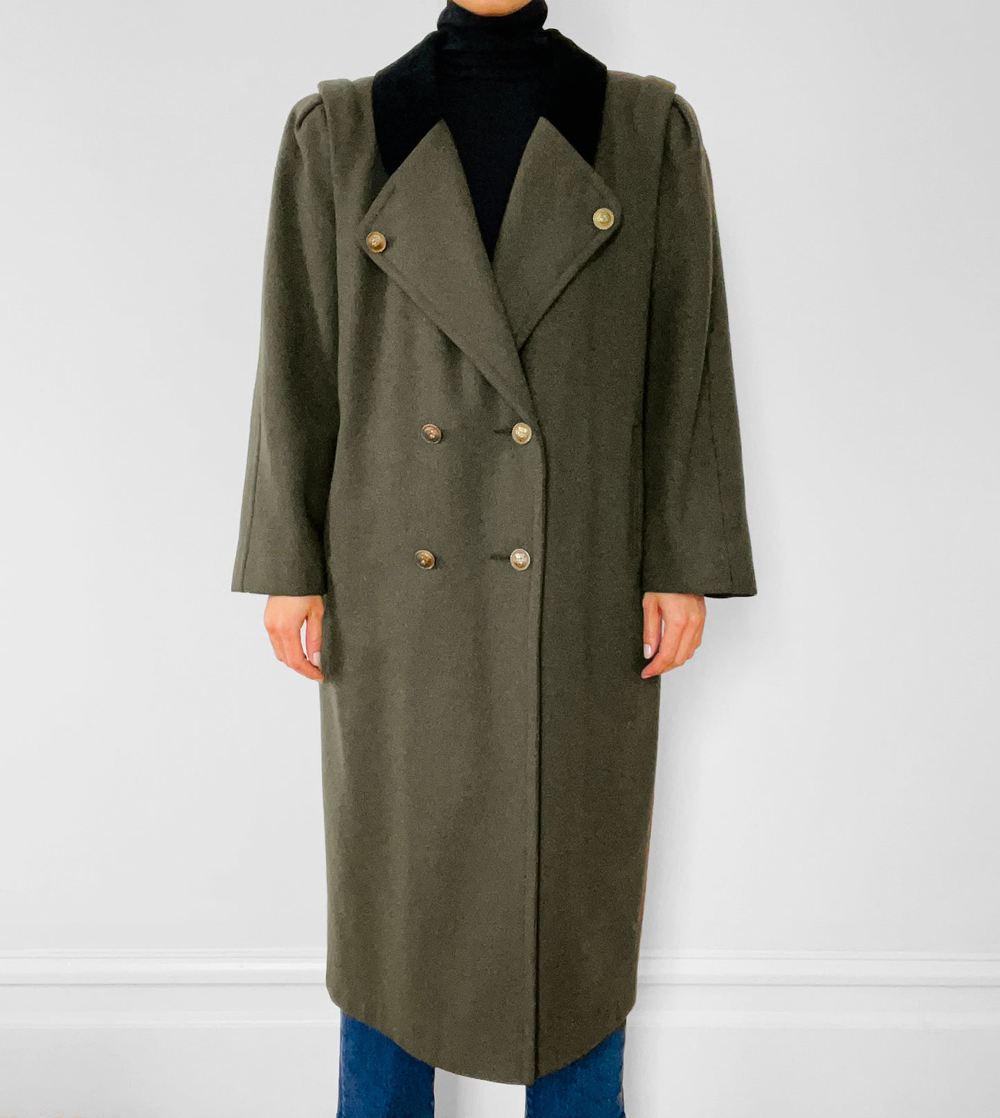 1980s Olive Green Wool-Blended Double-Breasted Military Style Overcoat