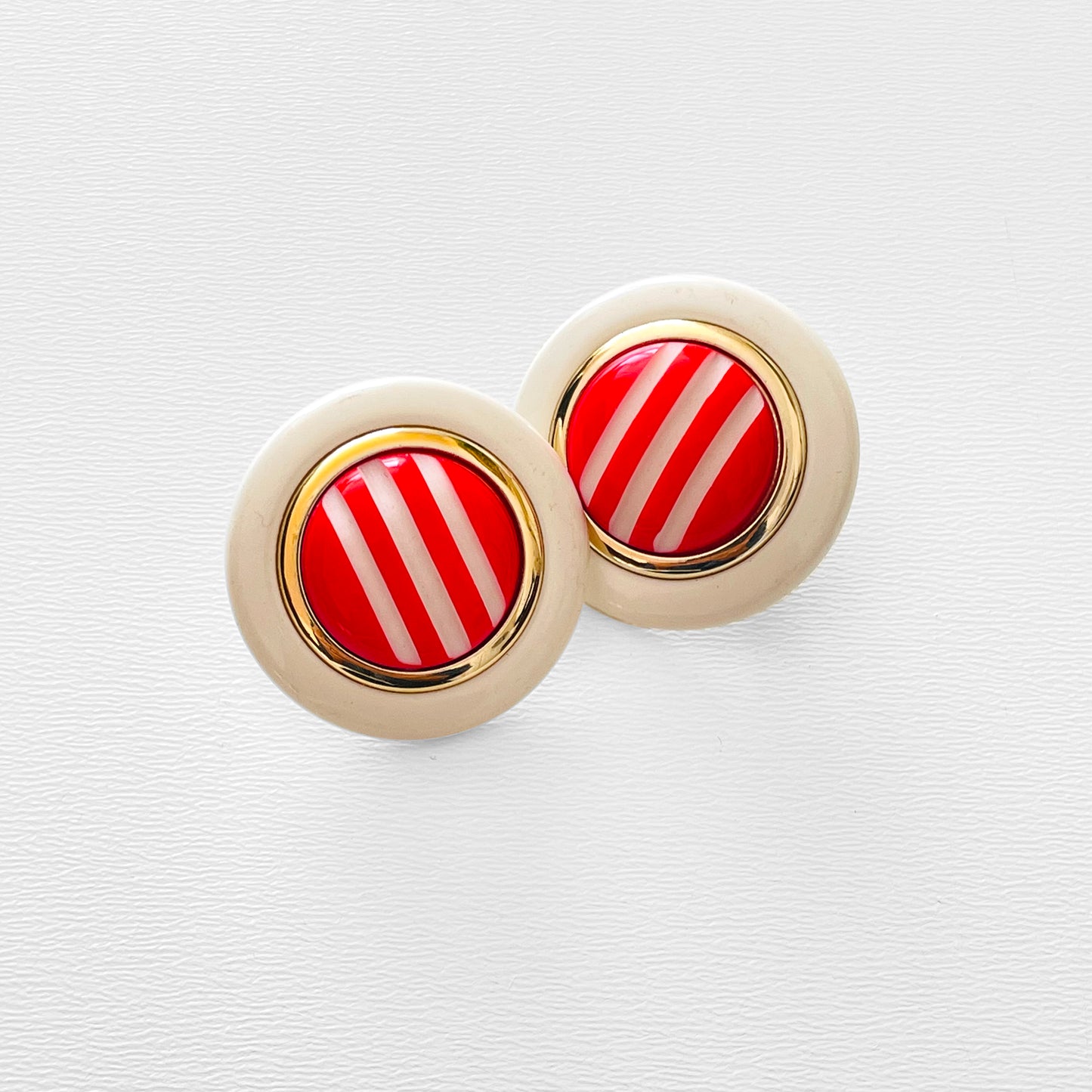 1960s Red and Cream Candy Stripe Round Button Earrings