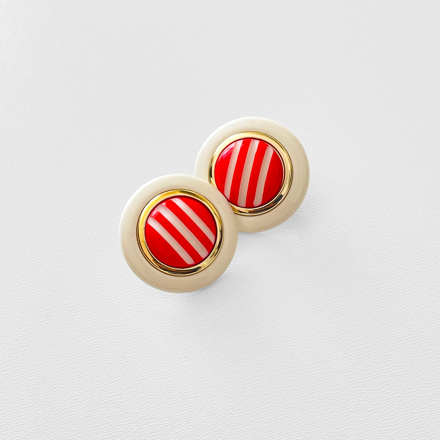 1960s Red and Cream Candy Stripe Round Button Earrings