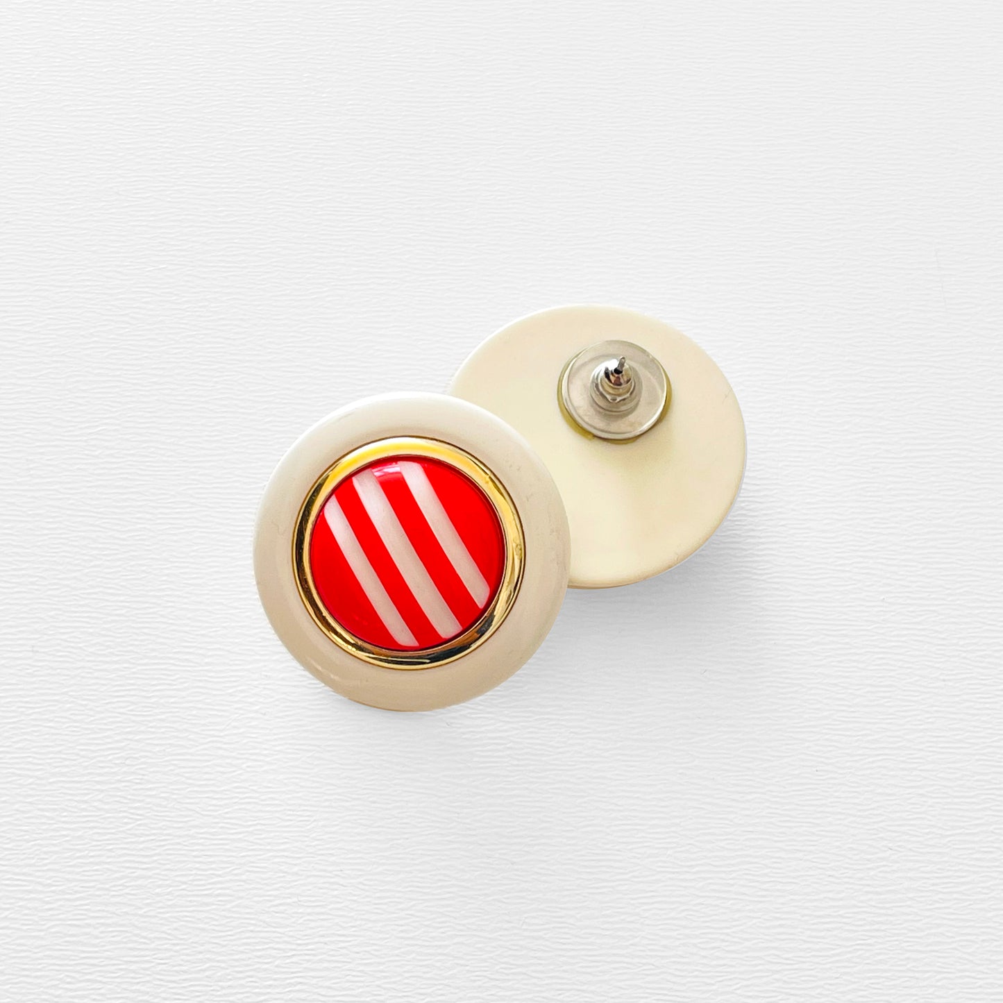 1960s Red and Cream Candy Stripe Round Button Earrings