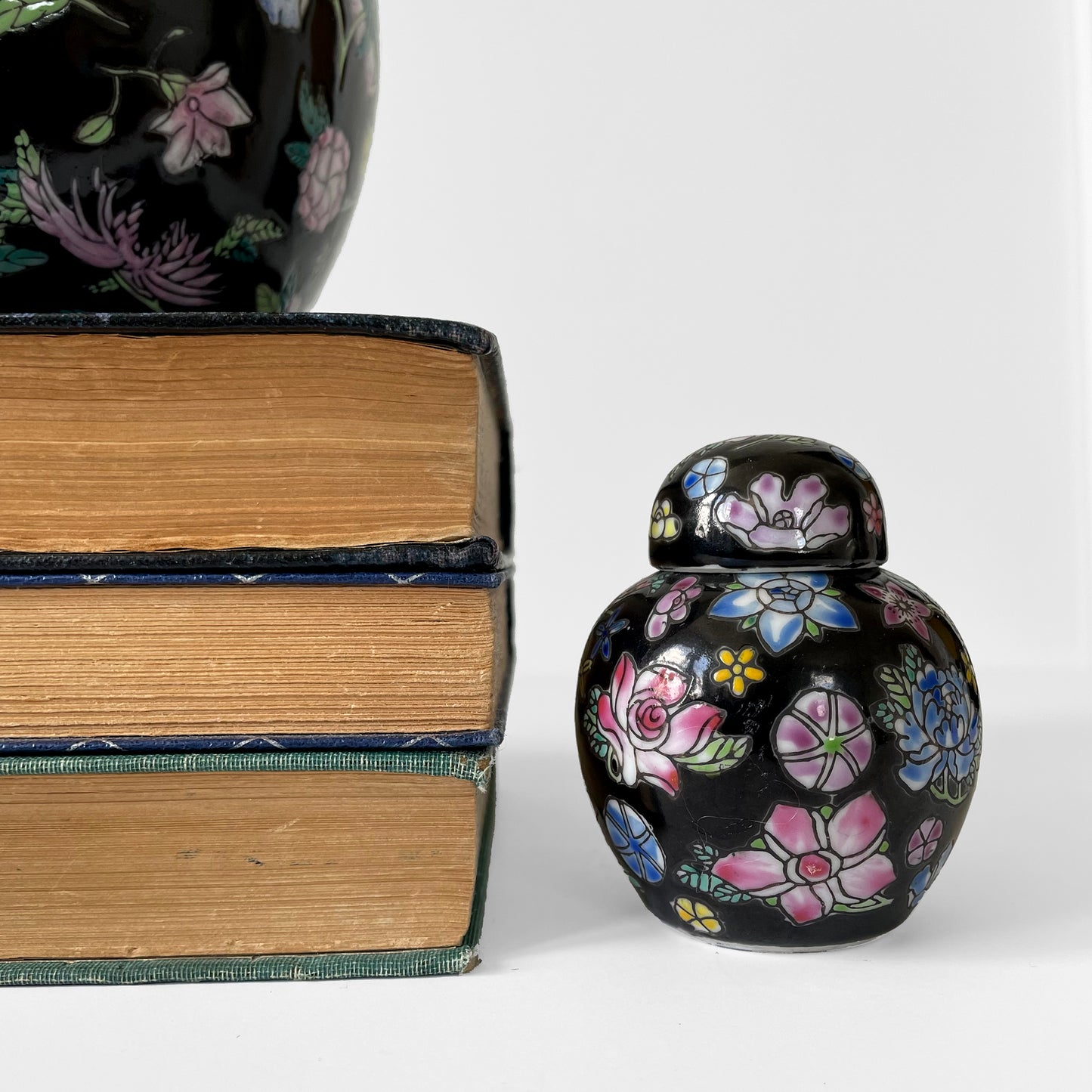 Hand-Painted Black Floral Lidded Ceramic Cloisonne Lidded Jar Set