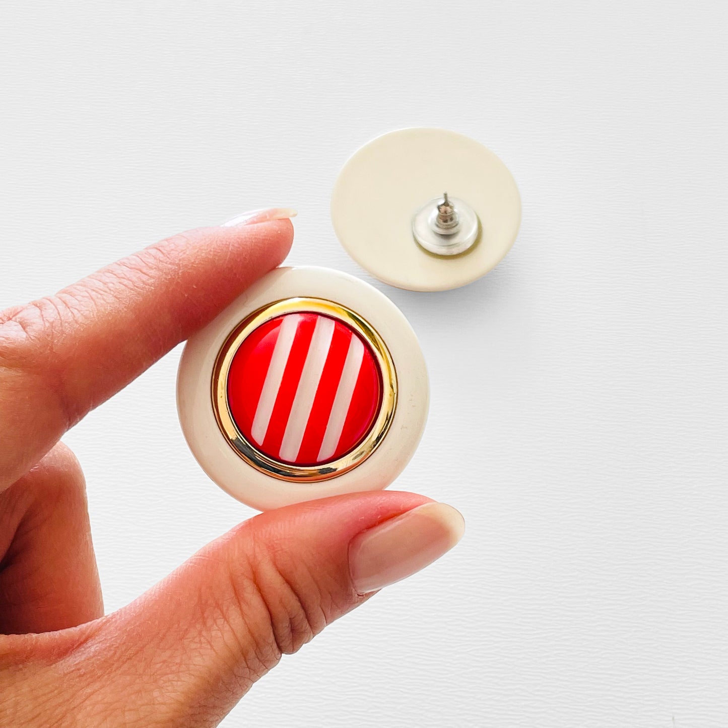 1960s Red and Cream Candy Stripe Round Button Earrings