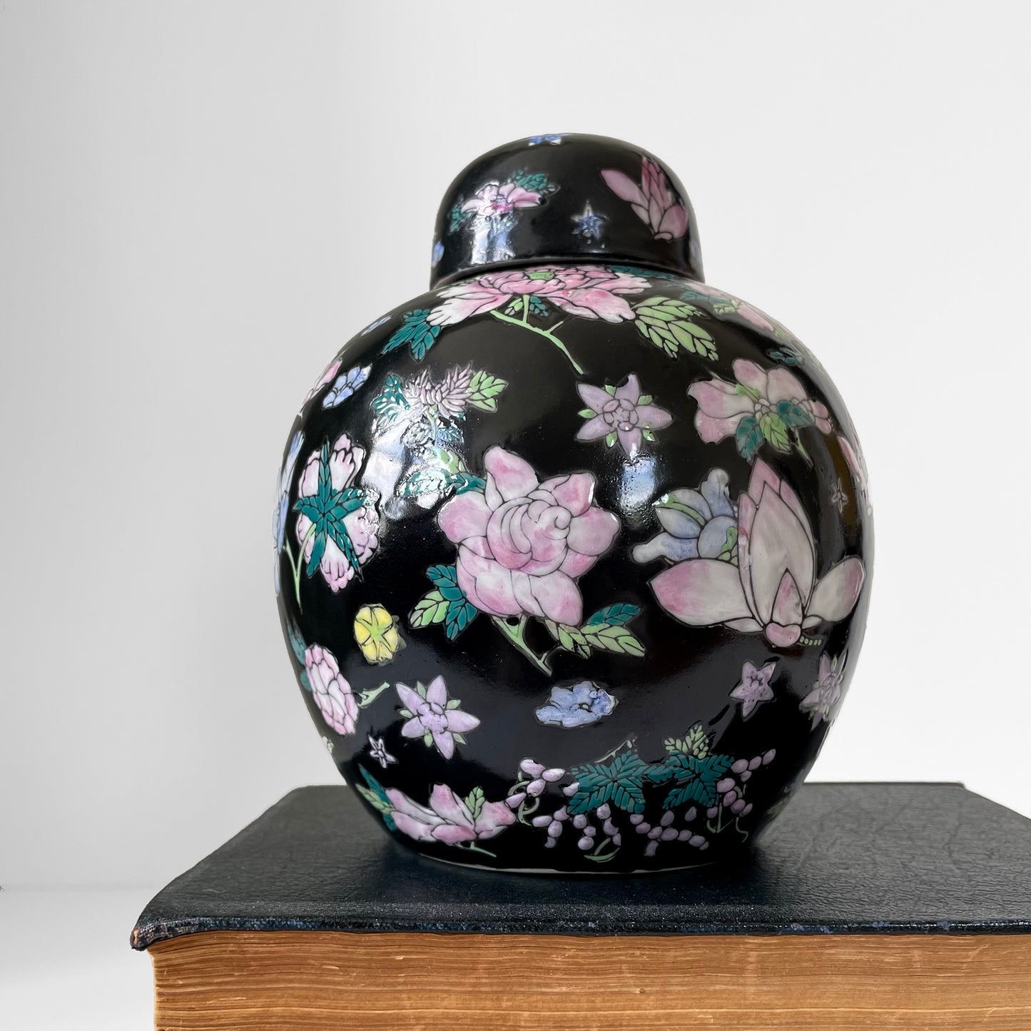 Hand-Painted Black Floral Lidded Ceramic Cloisonne Lidded Jar Set