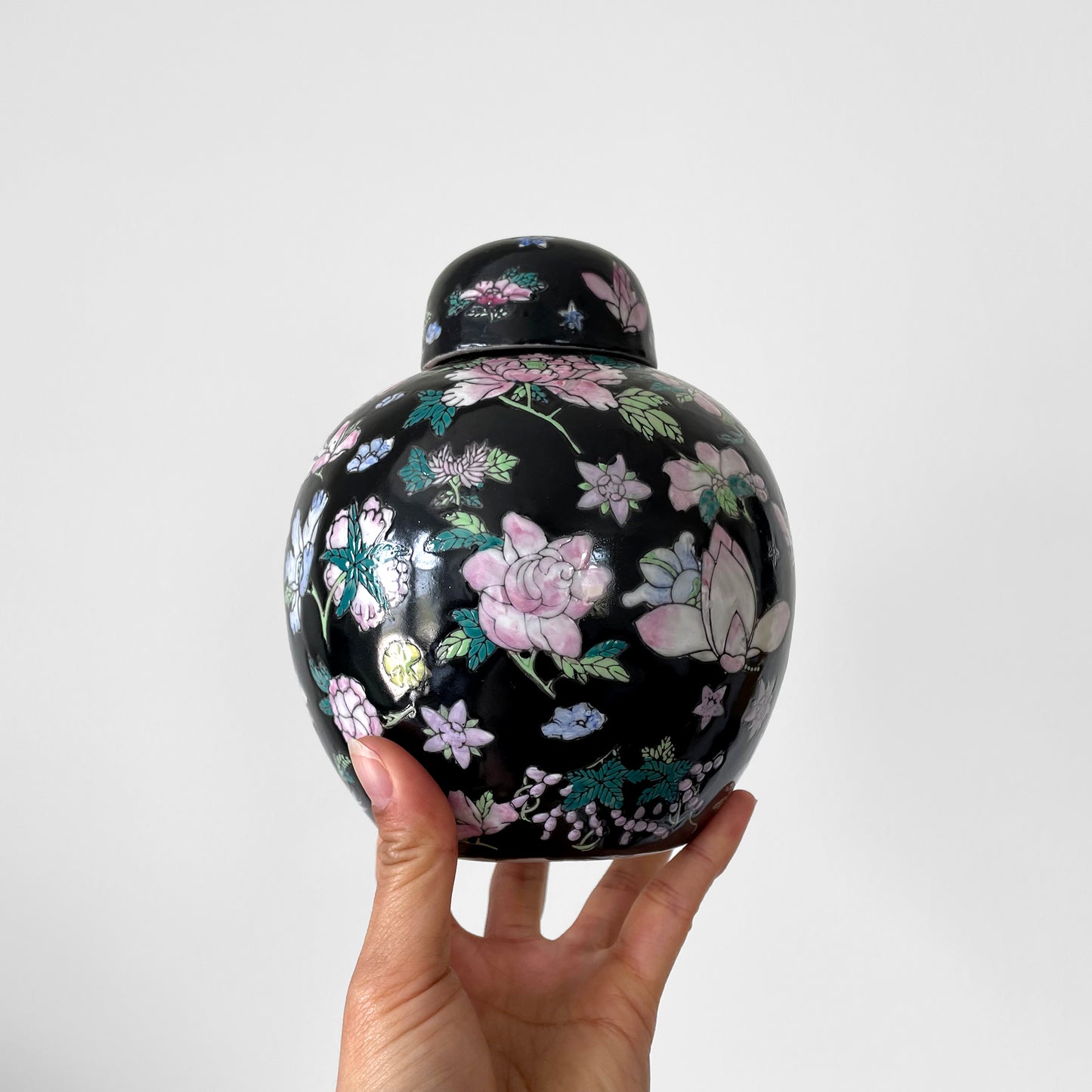 Hand-Painted Black Floral Lidded Ceramic Cloisonne Lidded Jar Set