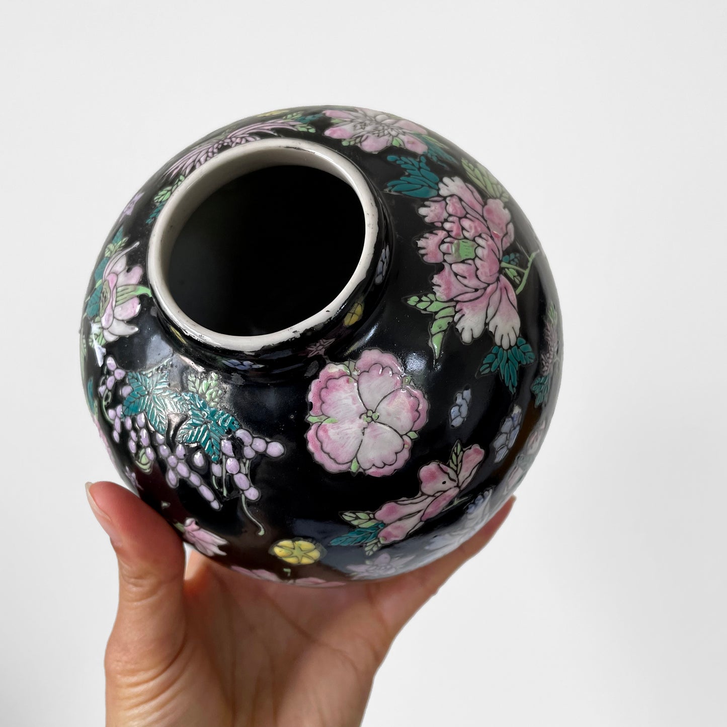 Hand-Painted Black Floral Lidded Ceramic Cloisonne Lidded Jar Set