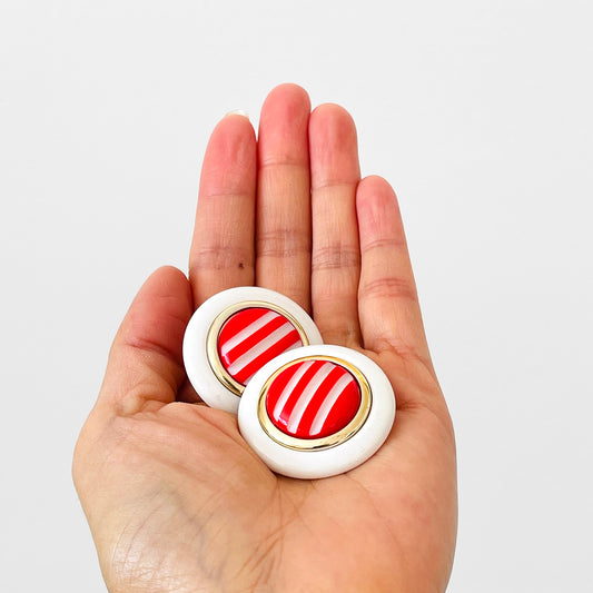 1960s Red and Cream Candy Stripe Round Button Earrings