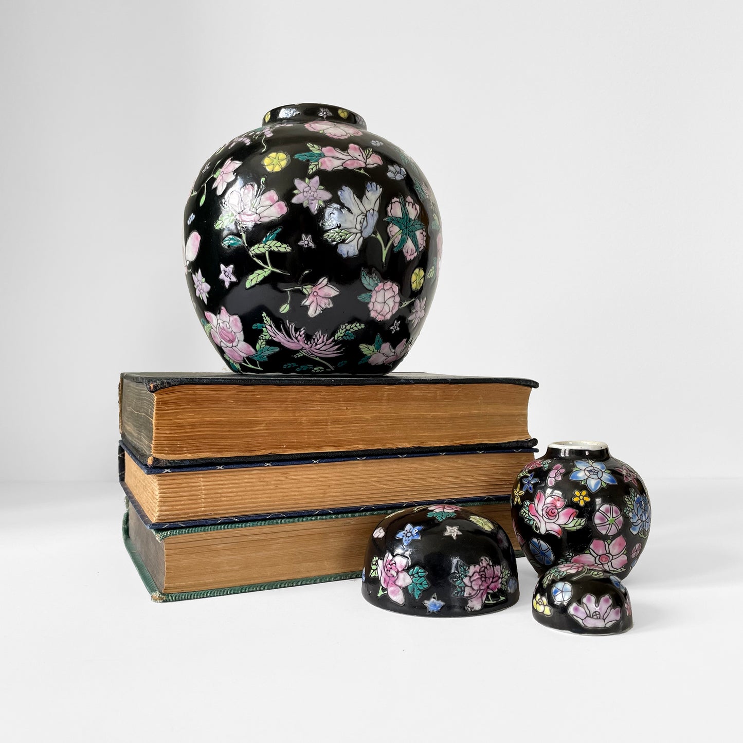 Hand-Painted Black Floral Lidded Ceramic Cloisonne Lidded Jar Set