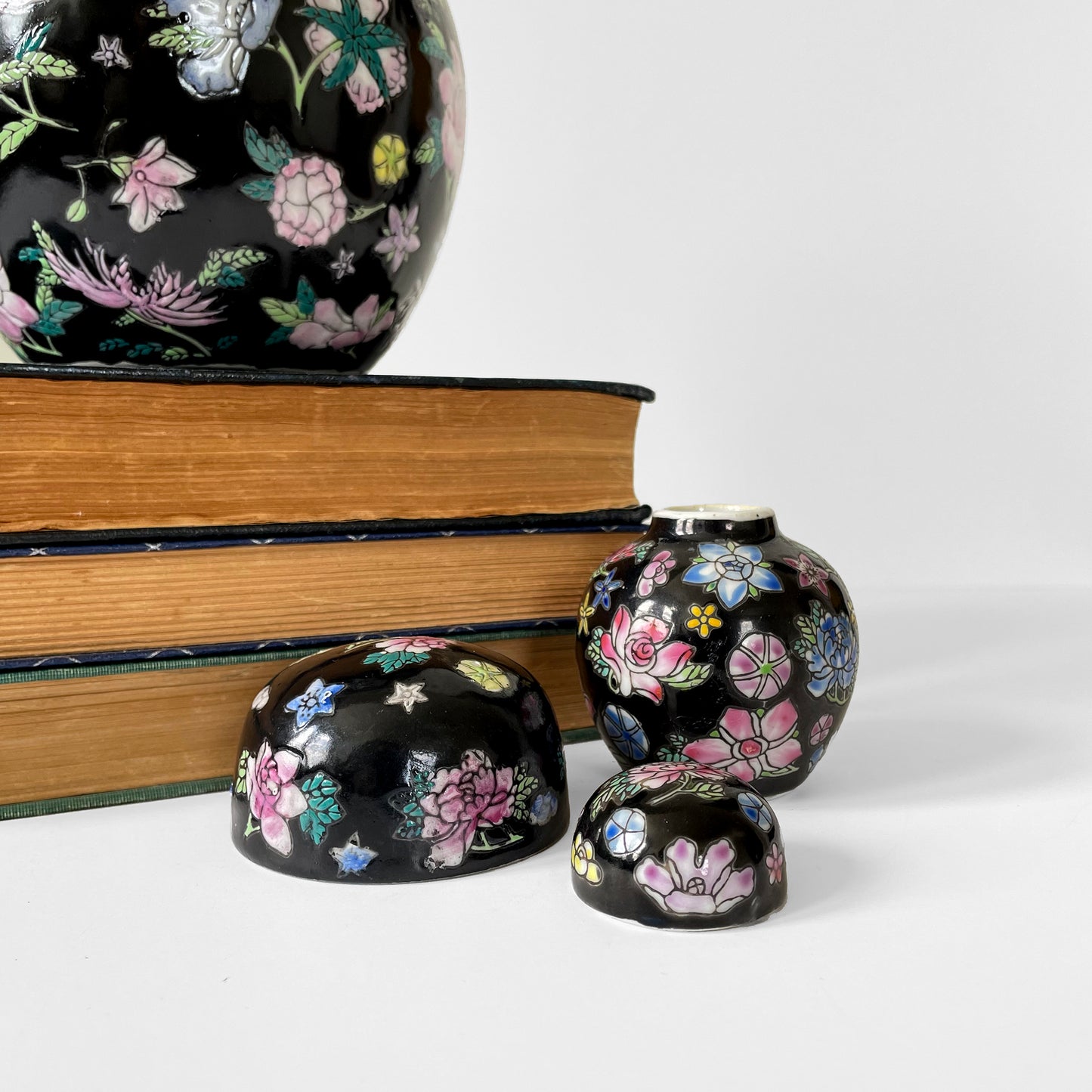 Hand-Painted Black Floral Lidded Ceramic Cloisonne Lidded Jar Set