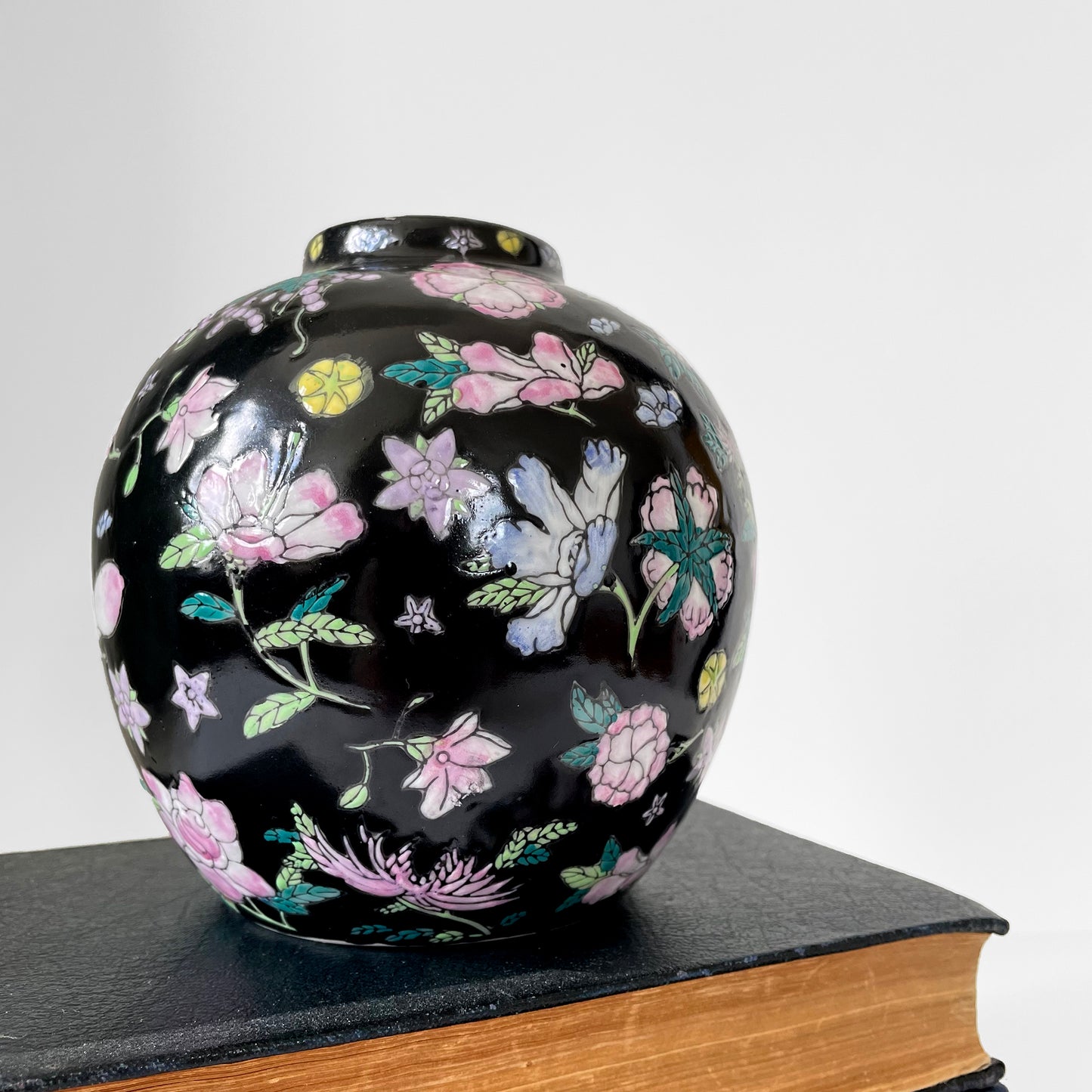 Hand-Painted Black Floral Lidded Ceramic Cloisonne Lidded Jar Set