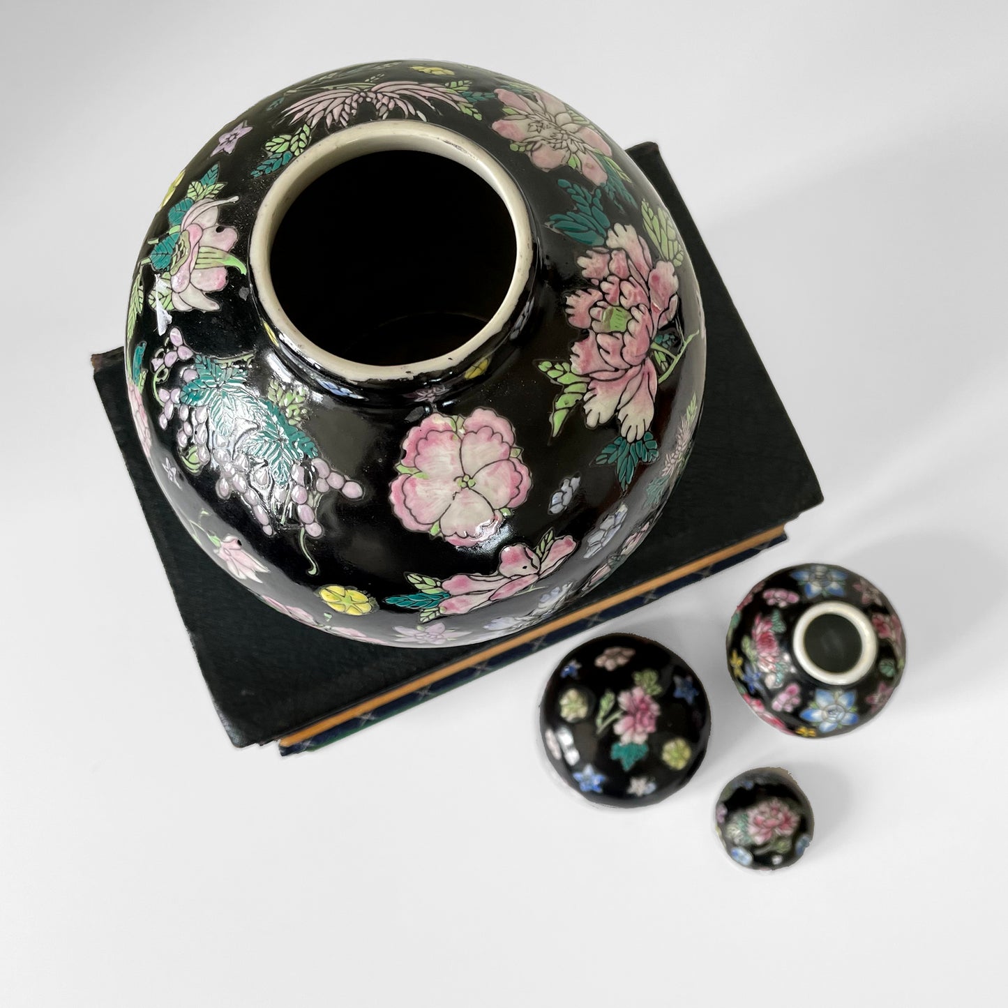 Hand-Painted Black Floral Lidded Ceramic Cloisonne Lidded Jar Set