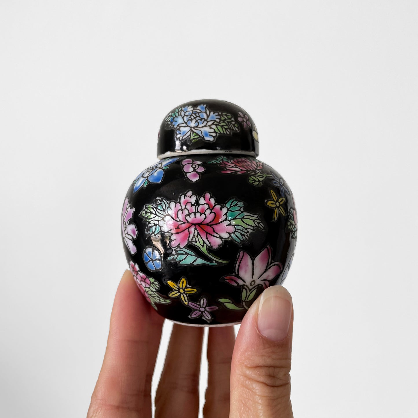 Hand-Painted Black Floral Lidded Ceramic Cloisonne Lidded Jar Set