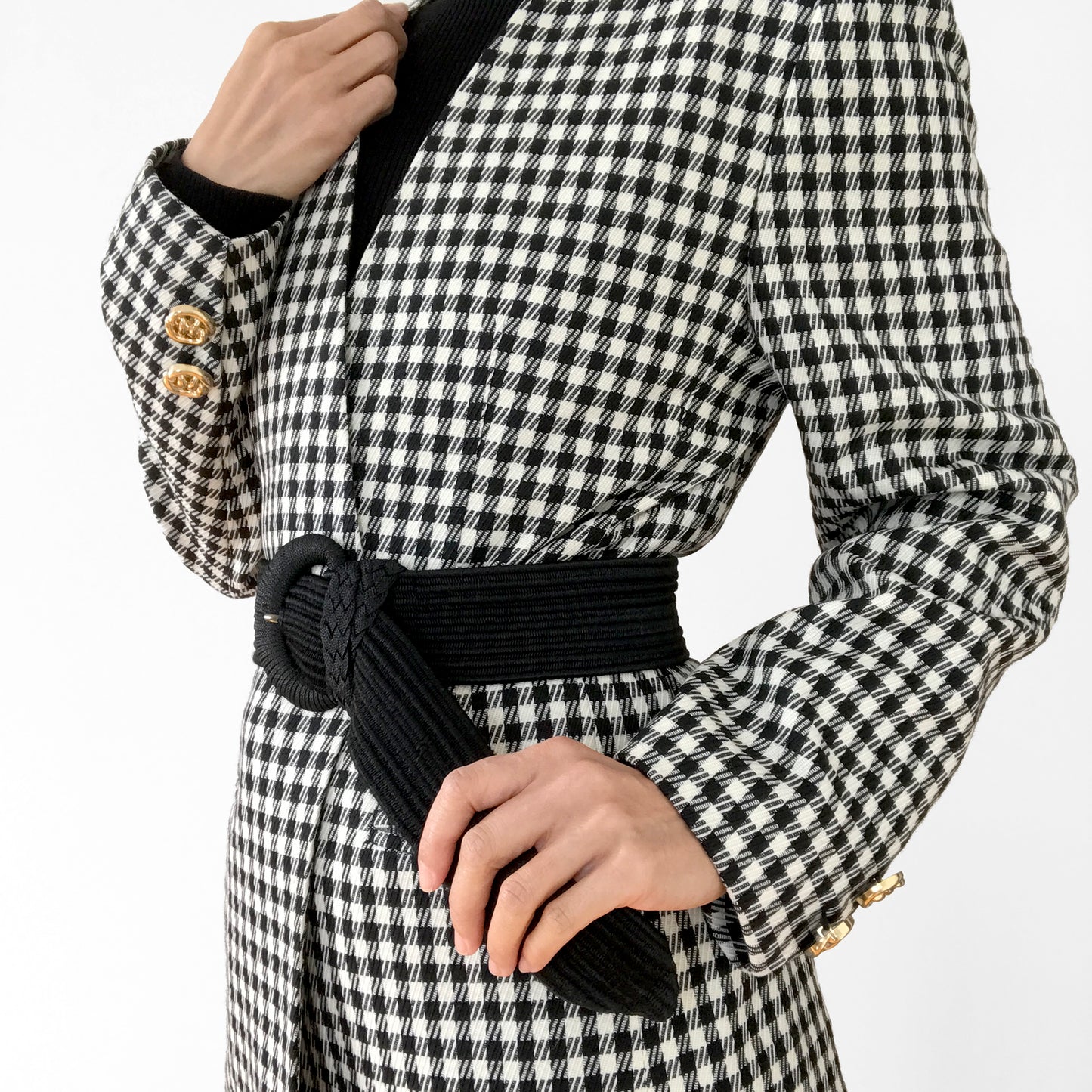 1990s Black and White Gingham Gold Button Collarless Wool Jacket Blazer