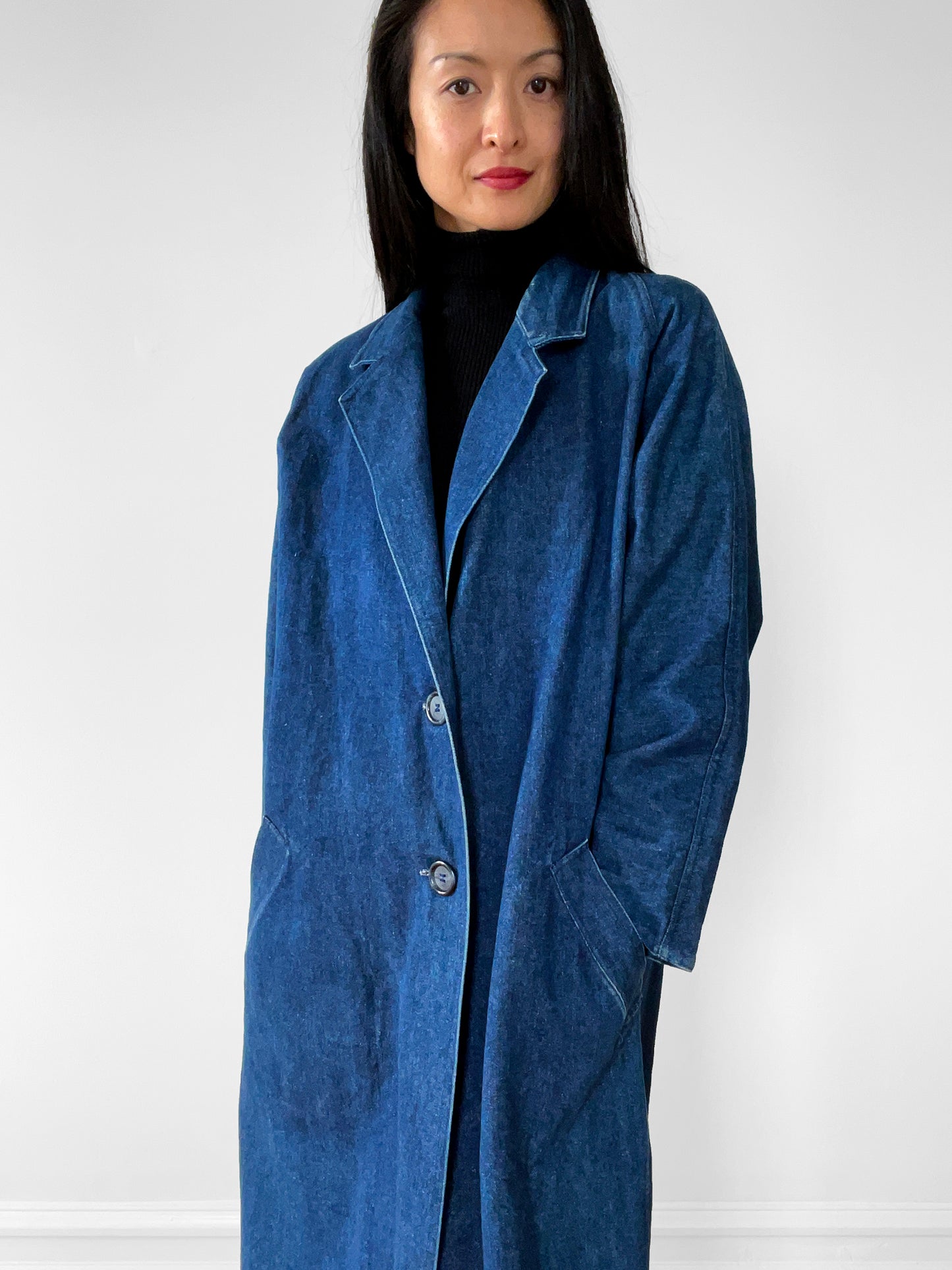 1980s Long Dark Denim Jean Coat