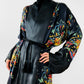 1970s Black Satin Scenic Village Patterned Tassel Belted Duster Robe