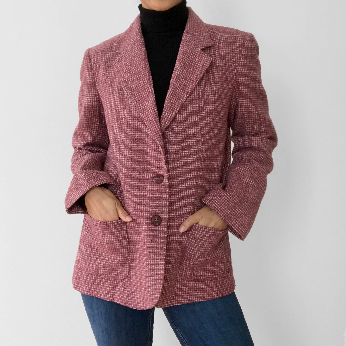 1970s Dusty Rose Waffle Wool Fitted Blazer Jacket