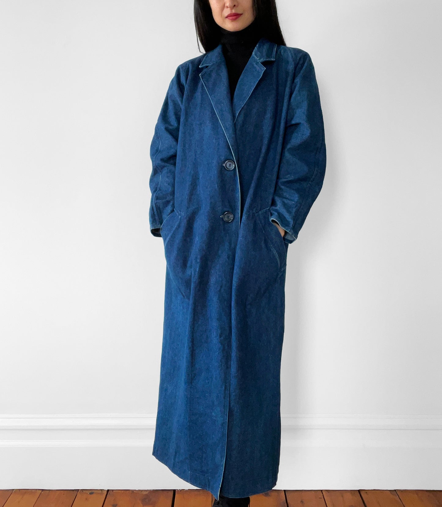 1980s Long Dark Denim Jean Coat