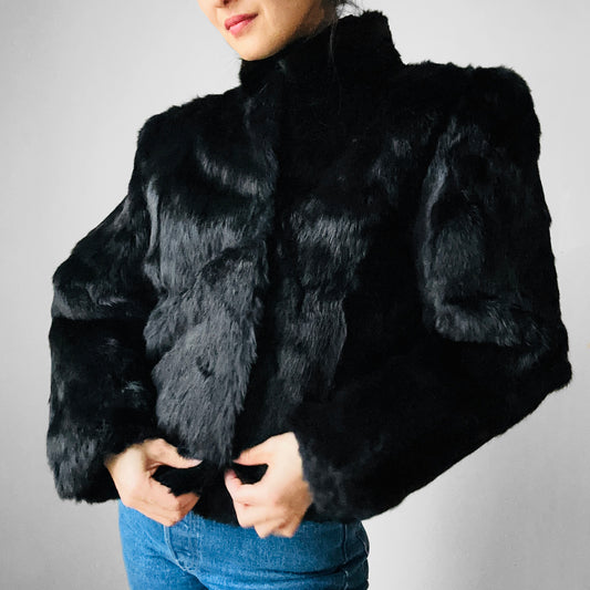 1970s - 1980s Black Rabbit Fur Short-Waisted Puff Sleeve Jacket - S/M