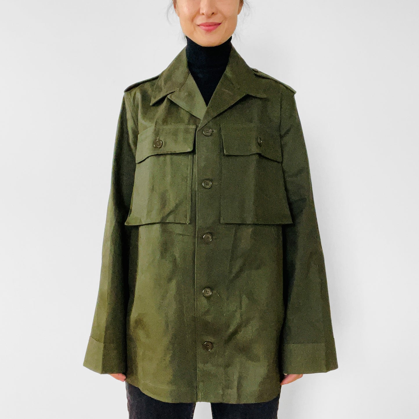 Army Issued Olive Green Structured Button-Front Military Jacket