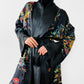 1970s Black Satin Scenic Village Patterned Tassel Belted Duster Robe