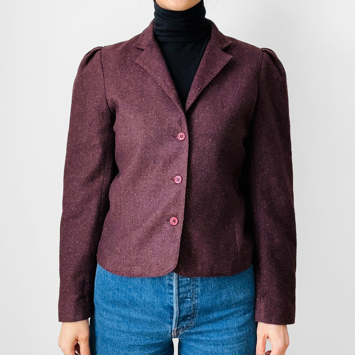 1960s - 1970s Plum Wool Tweed Short-Waisted Tapered-Waist Blazer Jacket- XS/S