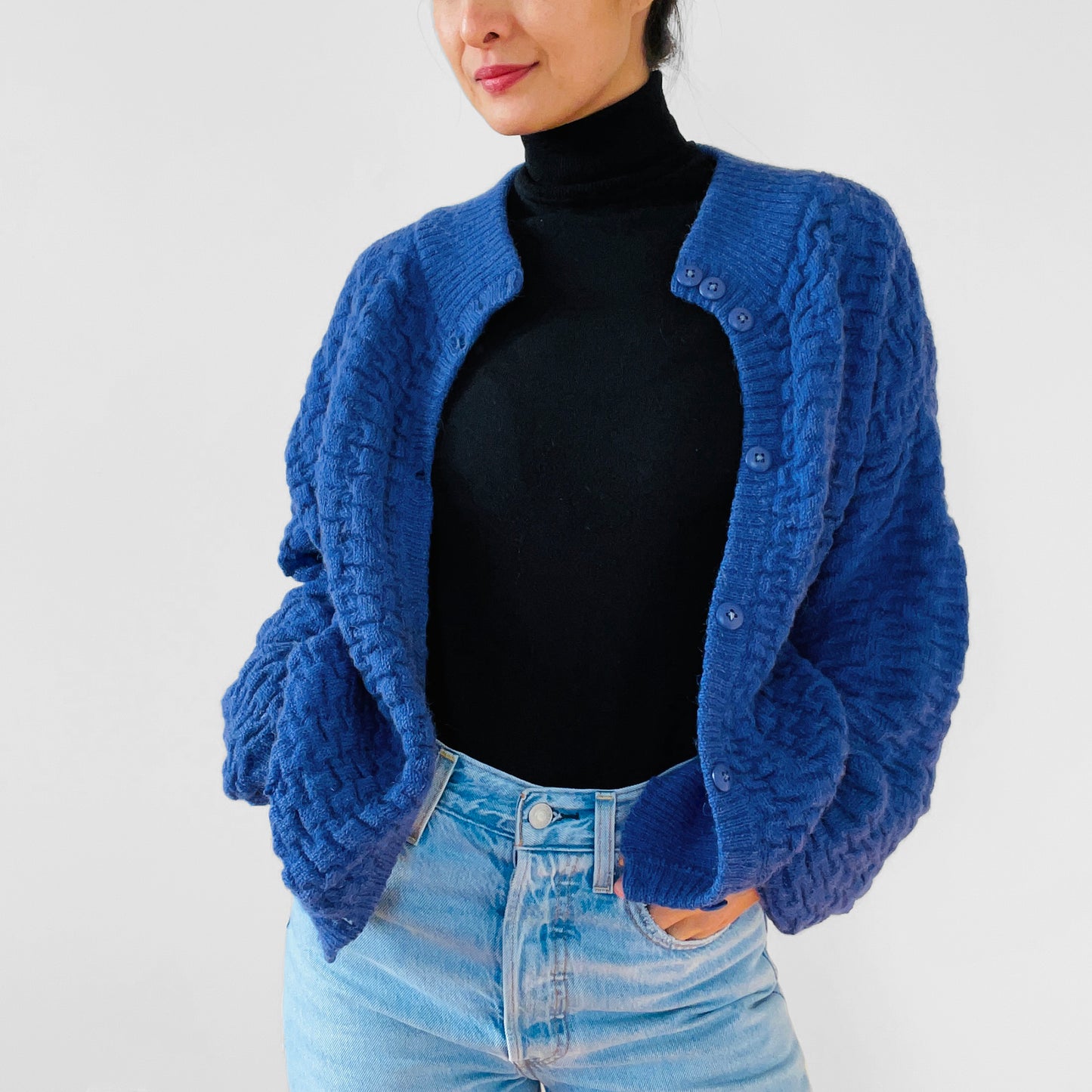 1980s Blue Alpaca Wool Peruvian Knit Cardigan