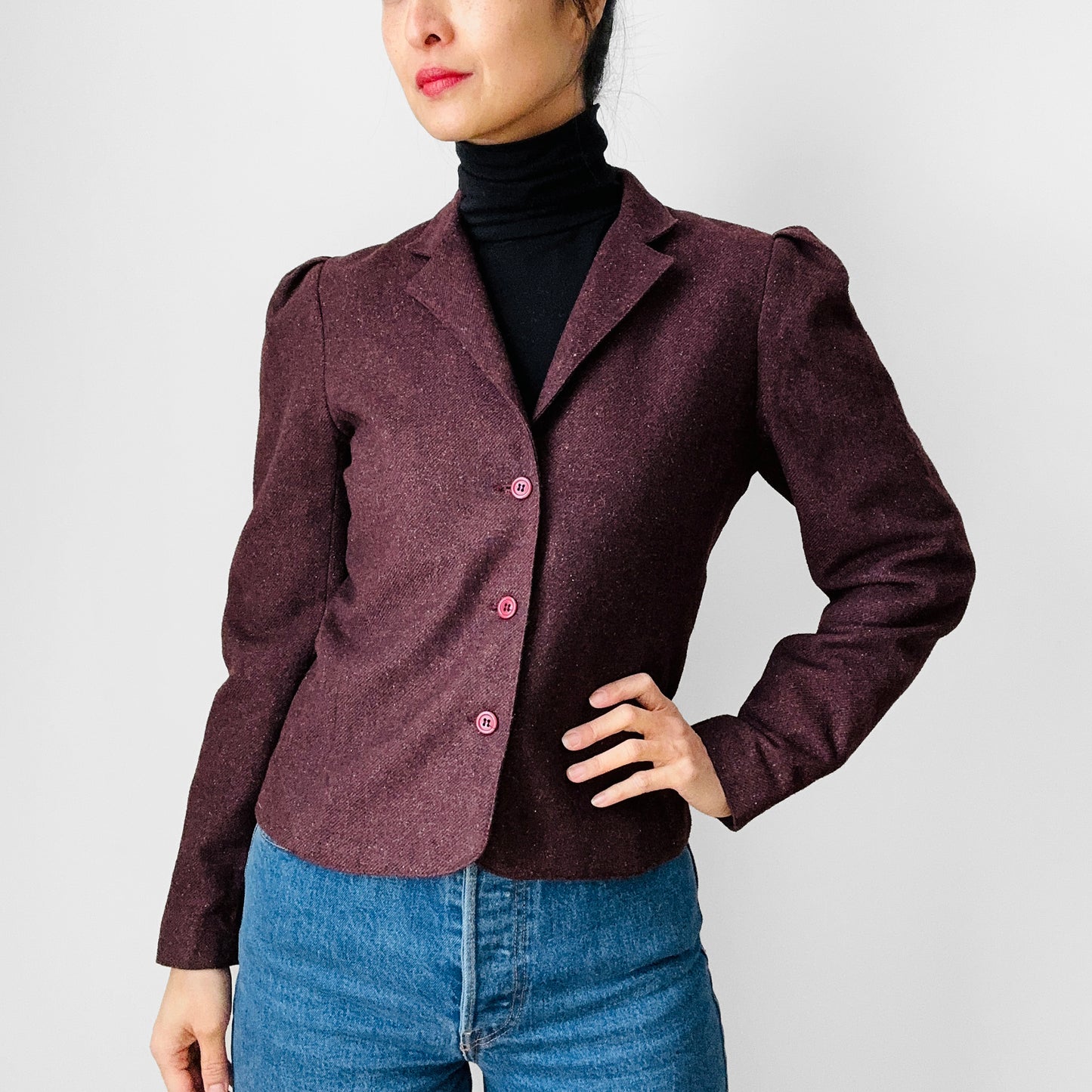 1960s - 1970s Plum Wool Tweed Short-Waisted Tapered-Waist Blazer Jacket- XS/S