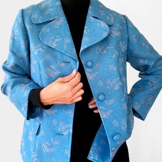 1970s Robin's Egg Blue Cross-Stitch Leaf Patterned Wide-Lapel Blazer Jacket