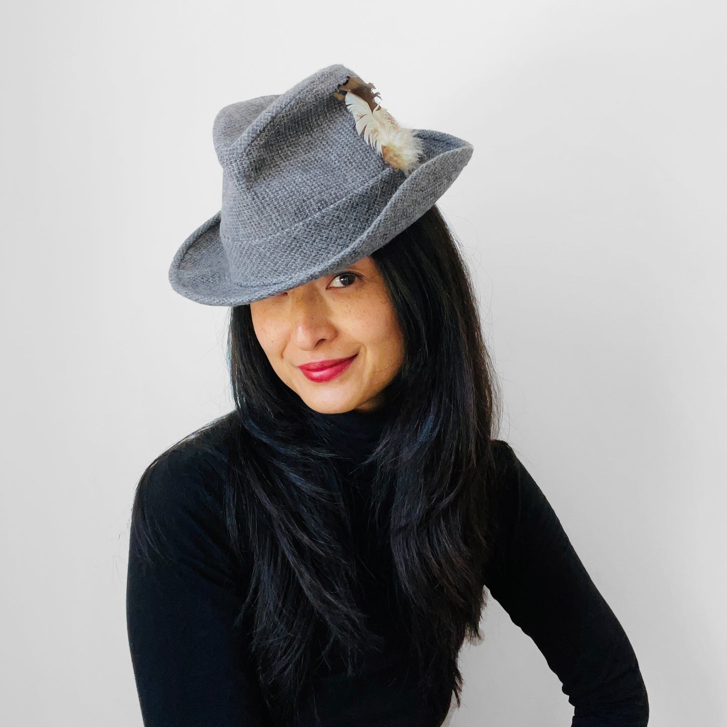 Grey Wool Tweed Feathered Fedora - XS