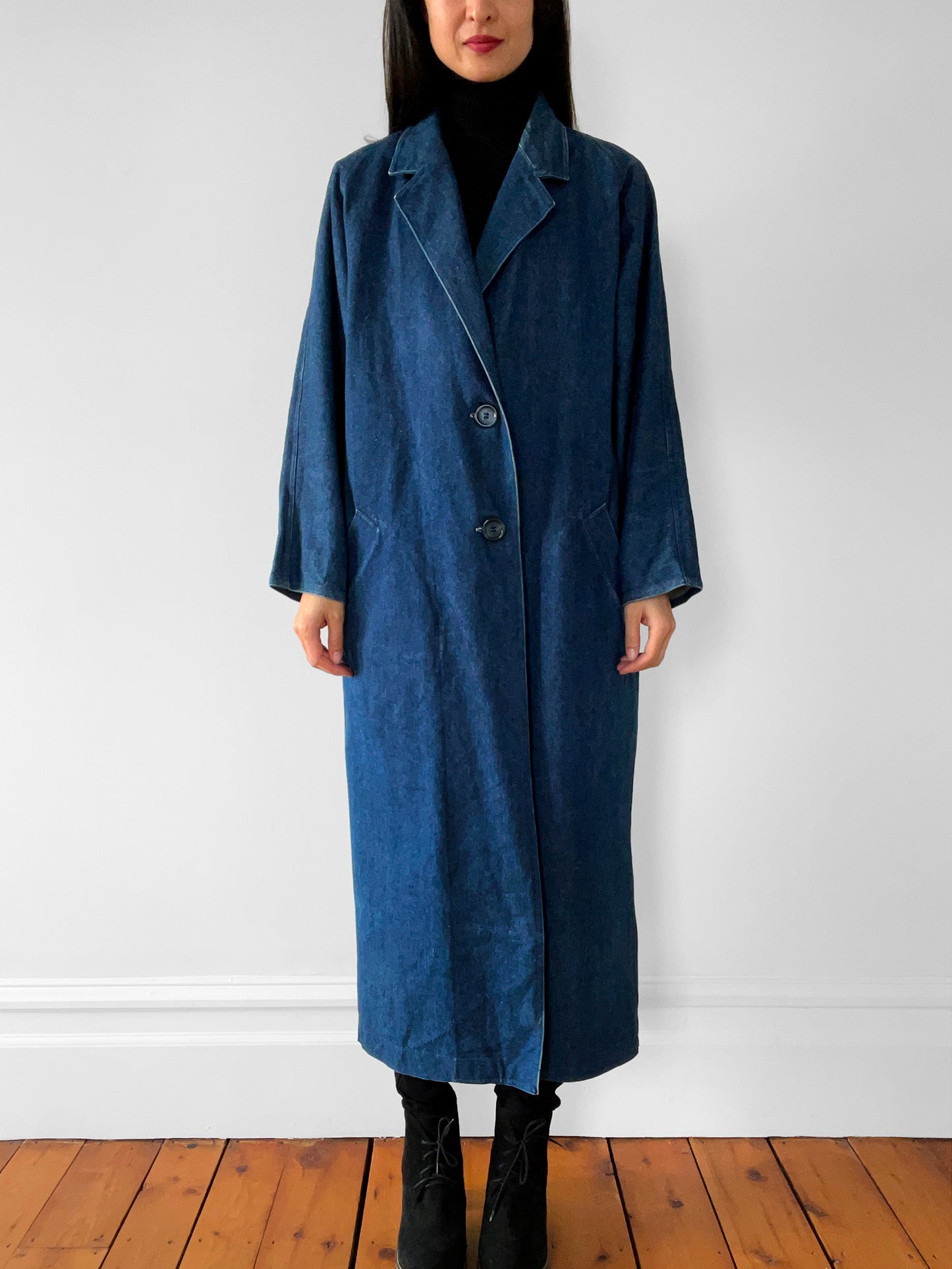 1980s Long Dark Denim Jean Coat