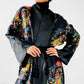 1970s Black Satin Scenic Village Patterned Tassel Belted Duster Robe