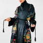 1970s Black Satin Scenic Village Patterned Tassel Belted Duster Robe