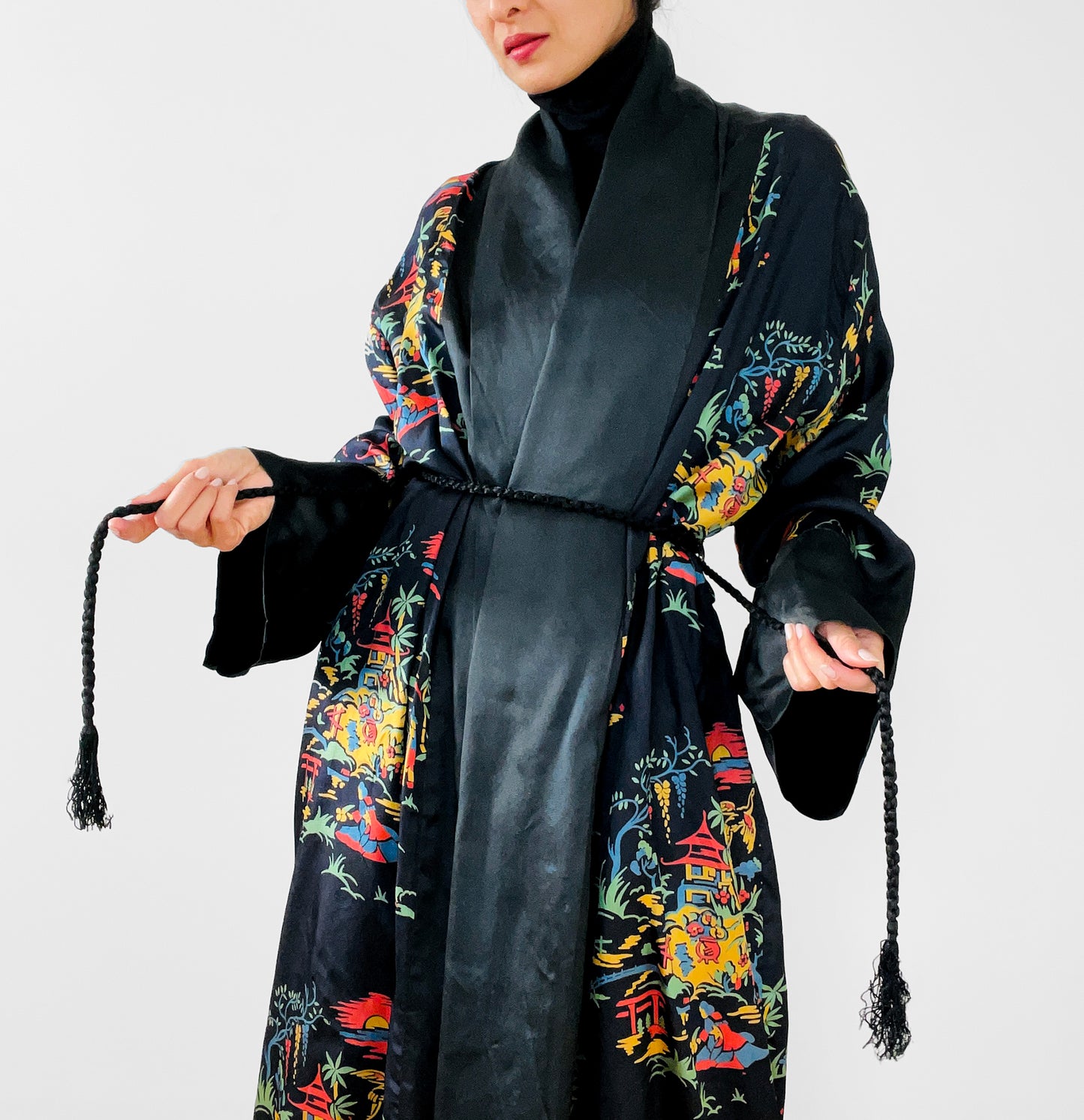 1970s Black Satin Scenic Village Patterned Tassel Belted Duster Robe