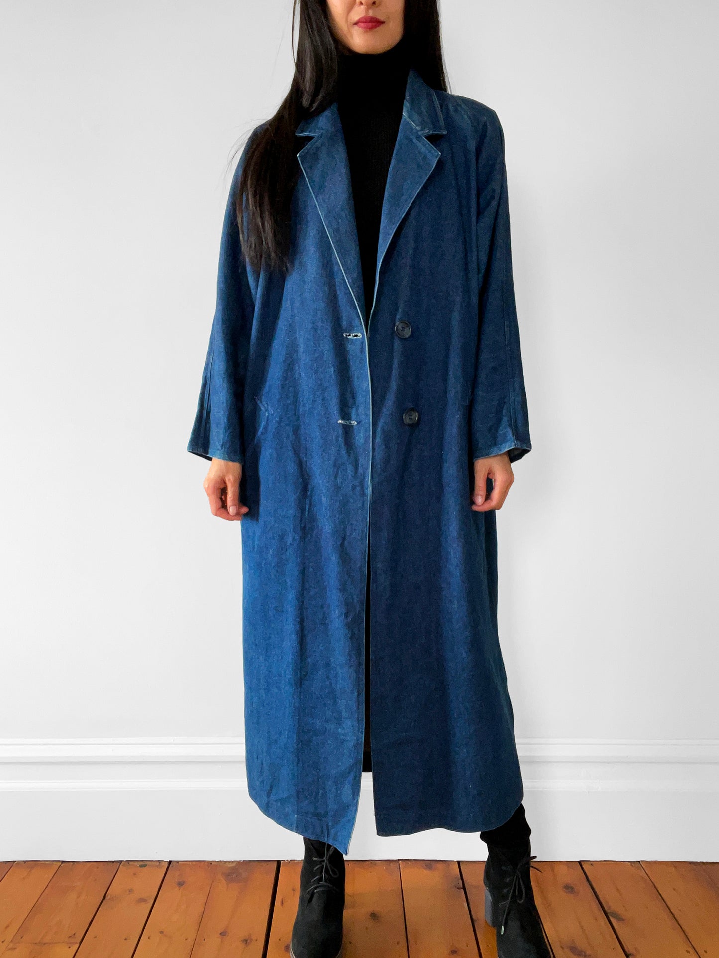 1980s Long Dark Denim Jean Coat