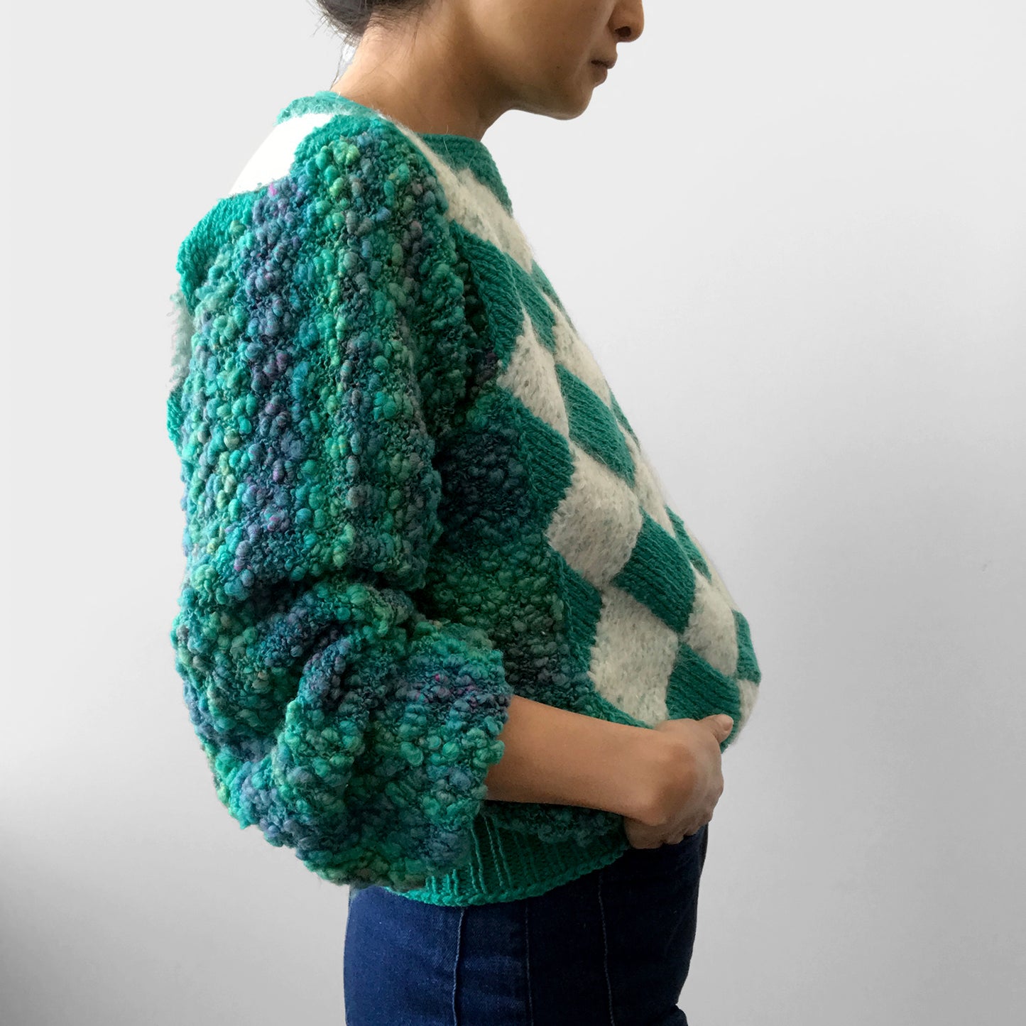 1980s Blue-Green Checkered Pattern Handmade Hand-Knit Pullover Sweater