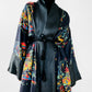 1970s Black Satin Scenic Village Patterned Tassel Belted Duster Robe