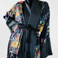 1970s Black Satin Scenic Village Patterned Tassel Belted Duster Robe