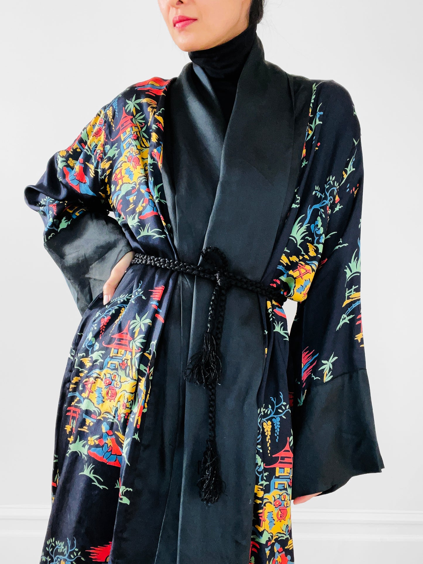 1970s Black Satin Scenic Village Patterned Tassel Belted Duster Robe