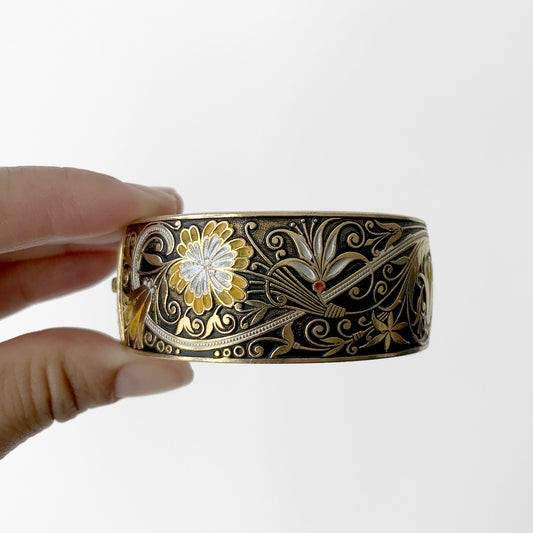 Floral and Leaf Carved Metal Hand-Painted Gold-toned Cuff Bangle Bracelet