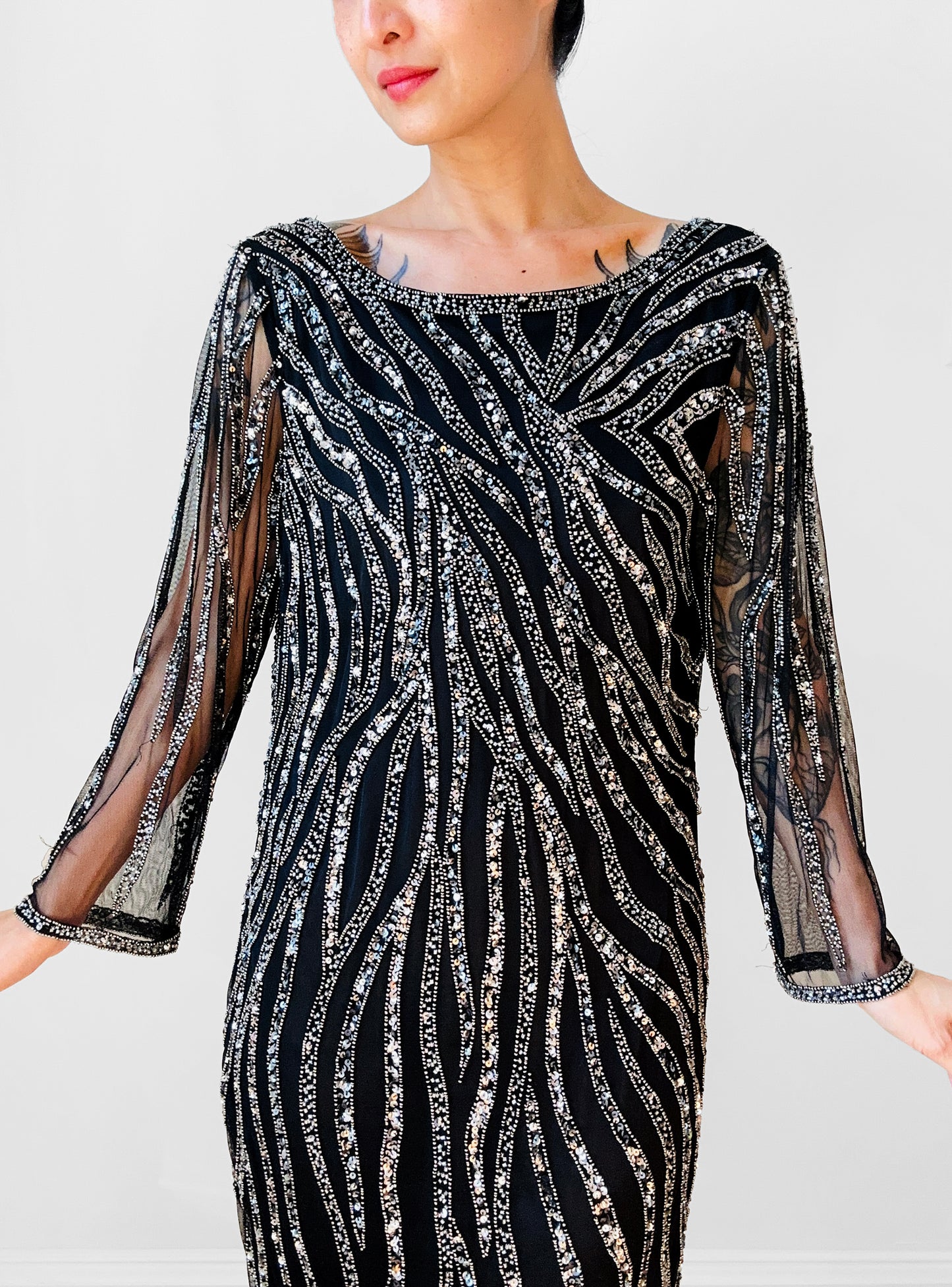 1990s Black Sequins Knee-Length Long-Sleeve Shift Dress - S/M