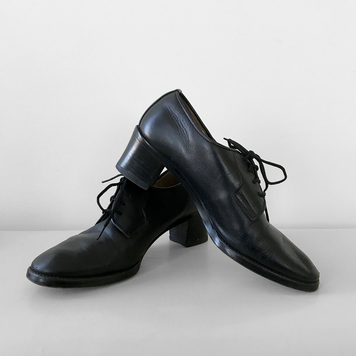 1960s Well Worn French Black Leather Heeled Lace-Up Shoes