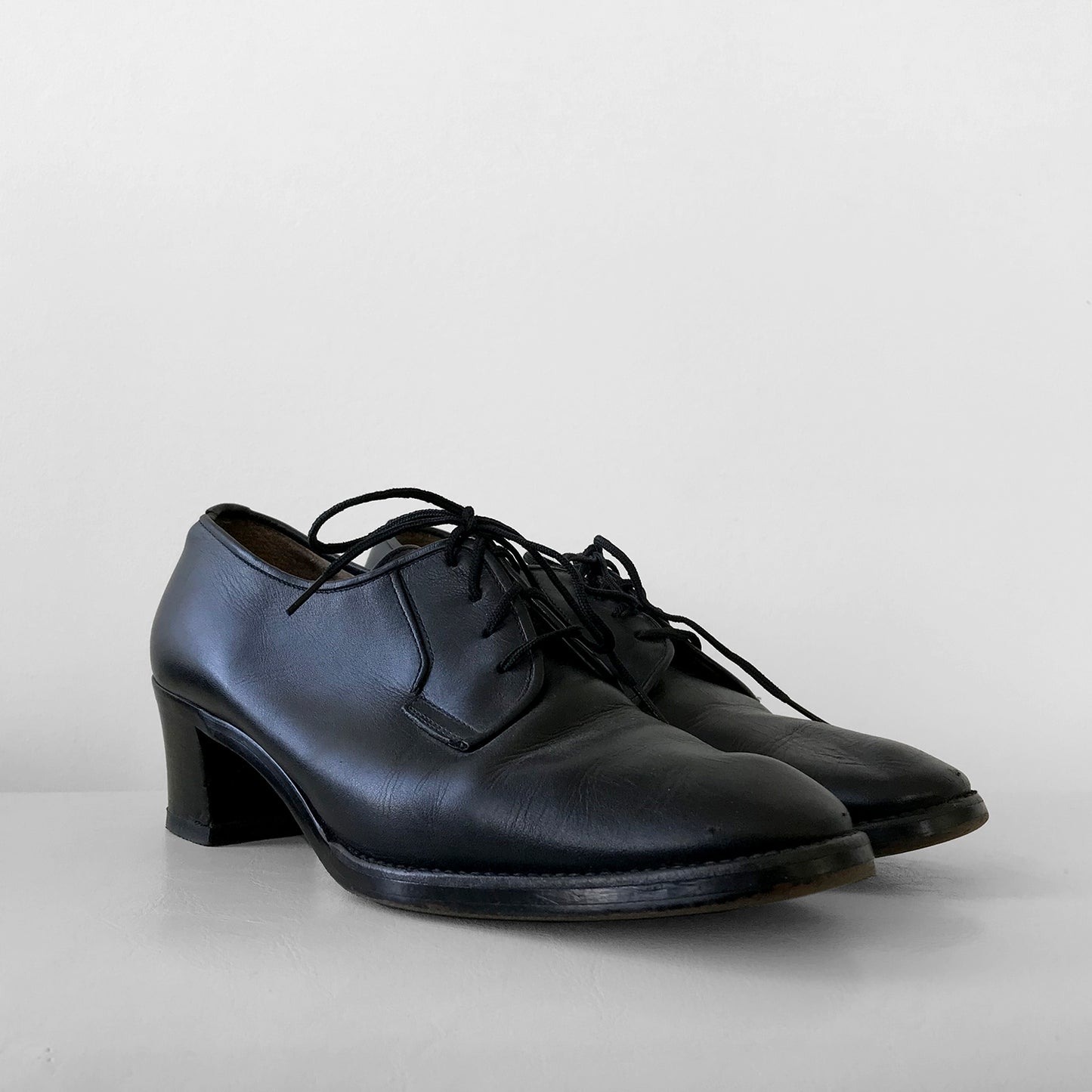 1960s Well Worn French Black Leather Heeled Lace-Up Shoes