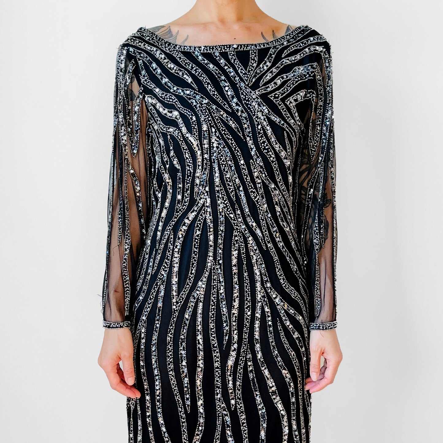 1990s Black Sequins Knee-Length Long-Sleeve Shift Dress - S/M