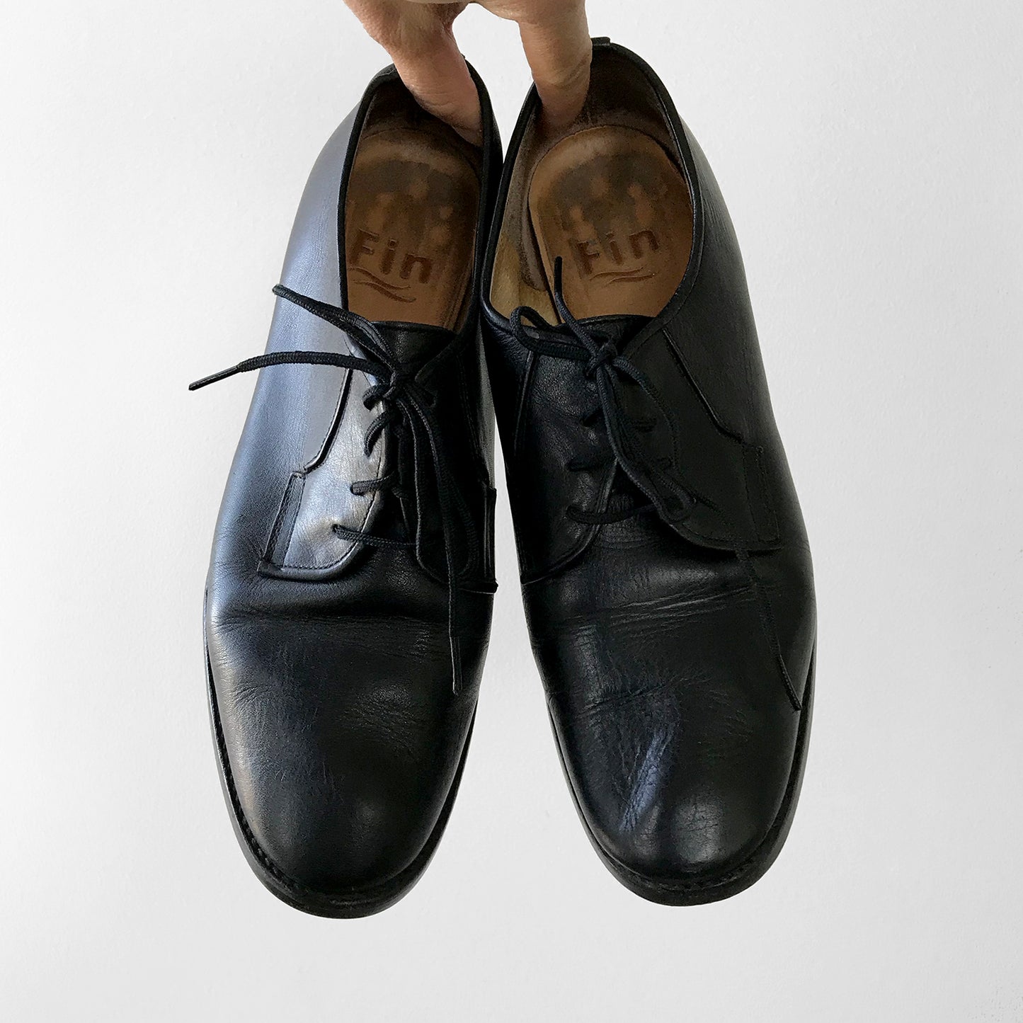 1960s Well Worn French Black Leather Heeled Lace-Up Shoes